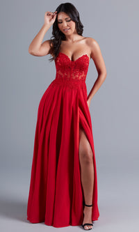 Red Strapless Sheer-Bodice Long Prom Dress