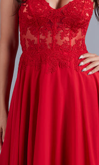 Red Strapless Sheer-Bodice Long Prom Dress