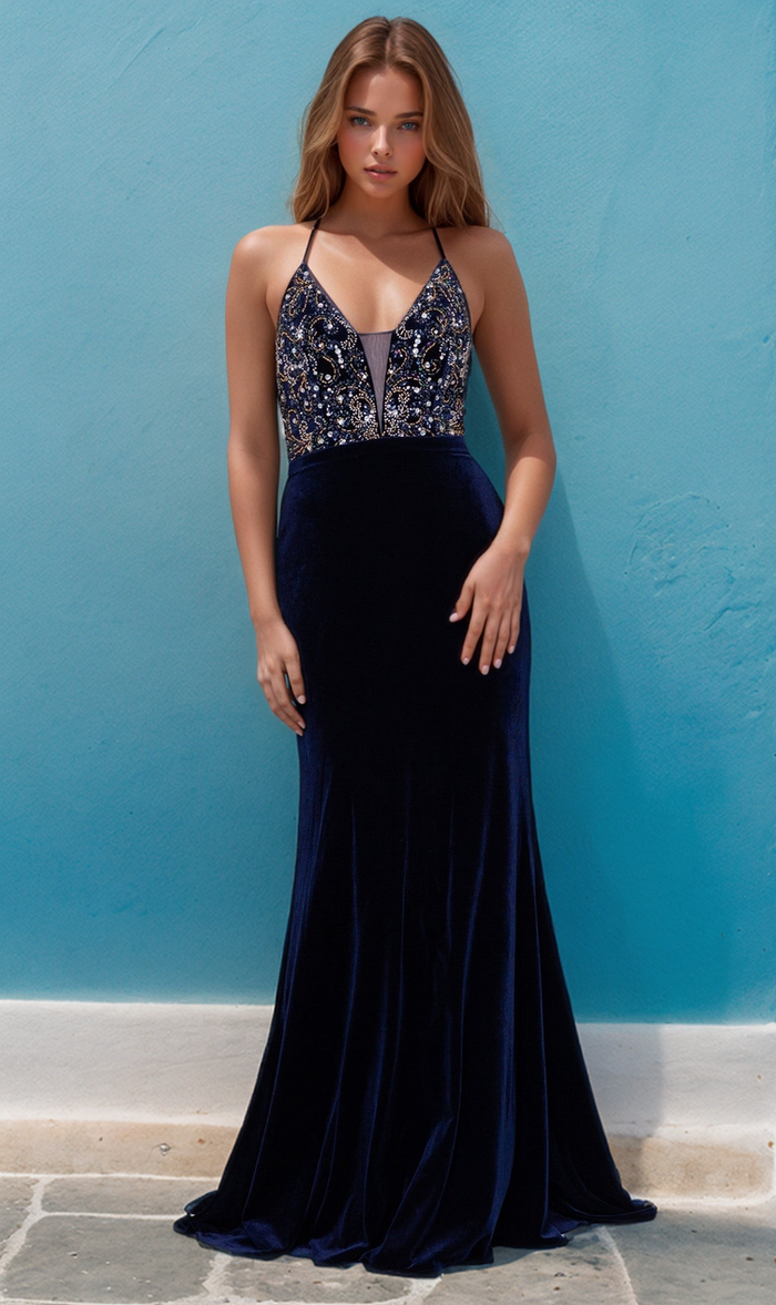 Navy/Multi Formal Long Dress BA-25172 by Betsy and Adam