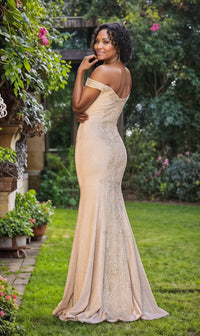  Off-The-Shoulder Long Gold Prom Dress 4333
