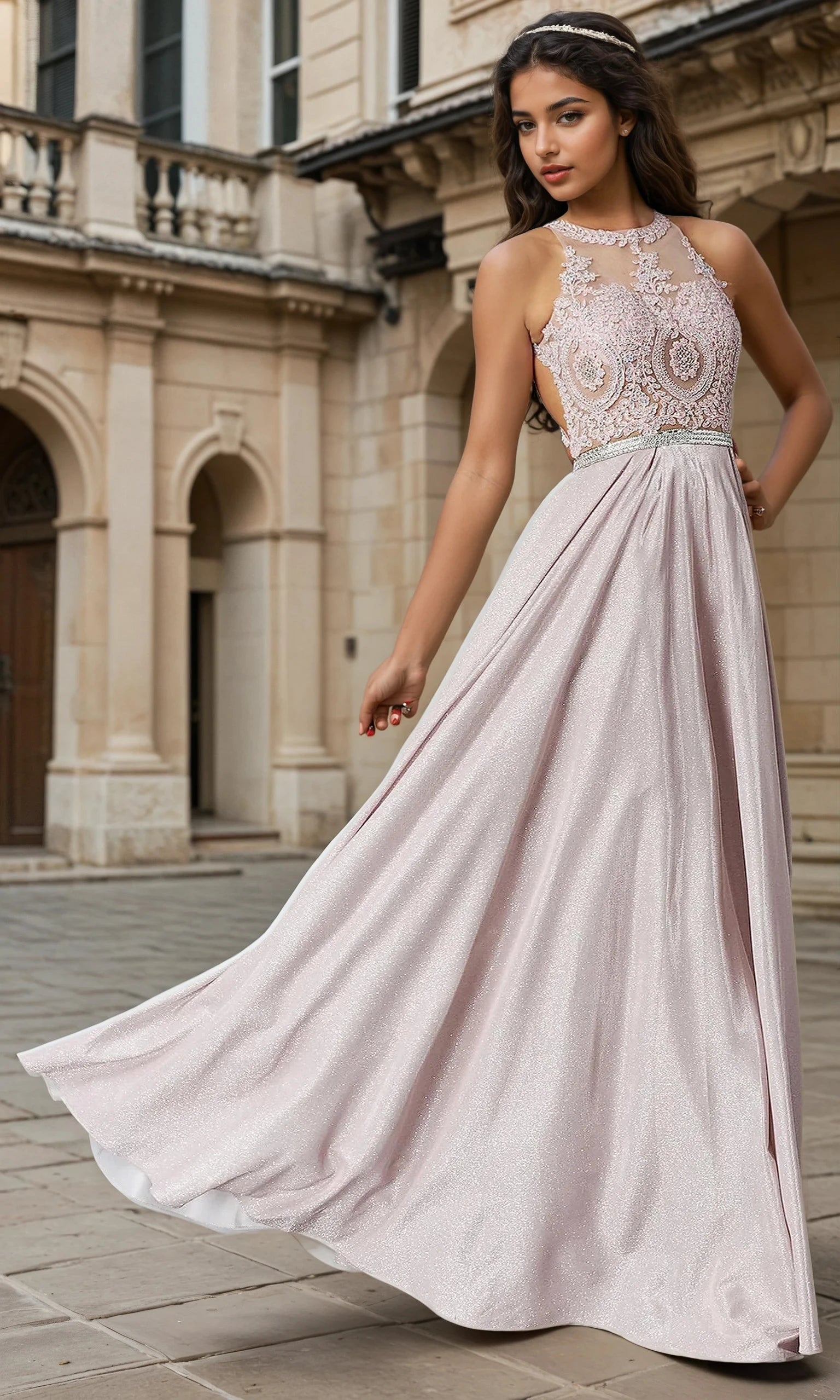 Blush Embellished-Bodice Long Glitter-Knit Prom Dress