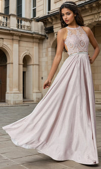 Blush Embellished-Bodice Long Glitter-Knit Prom Dress