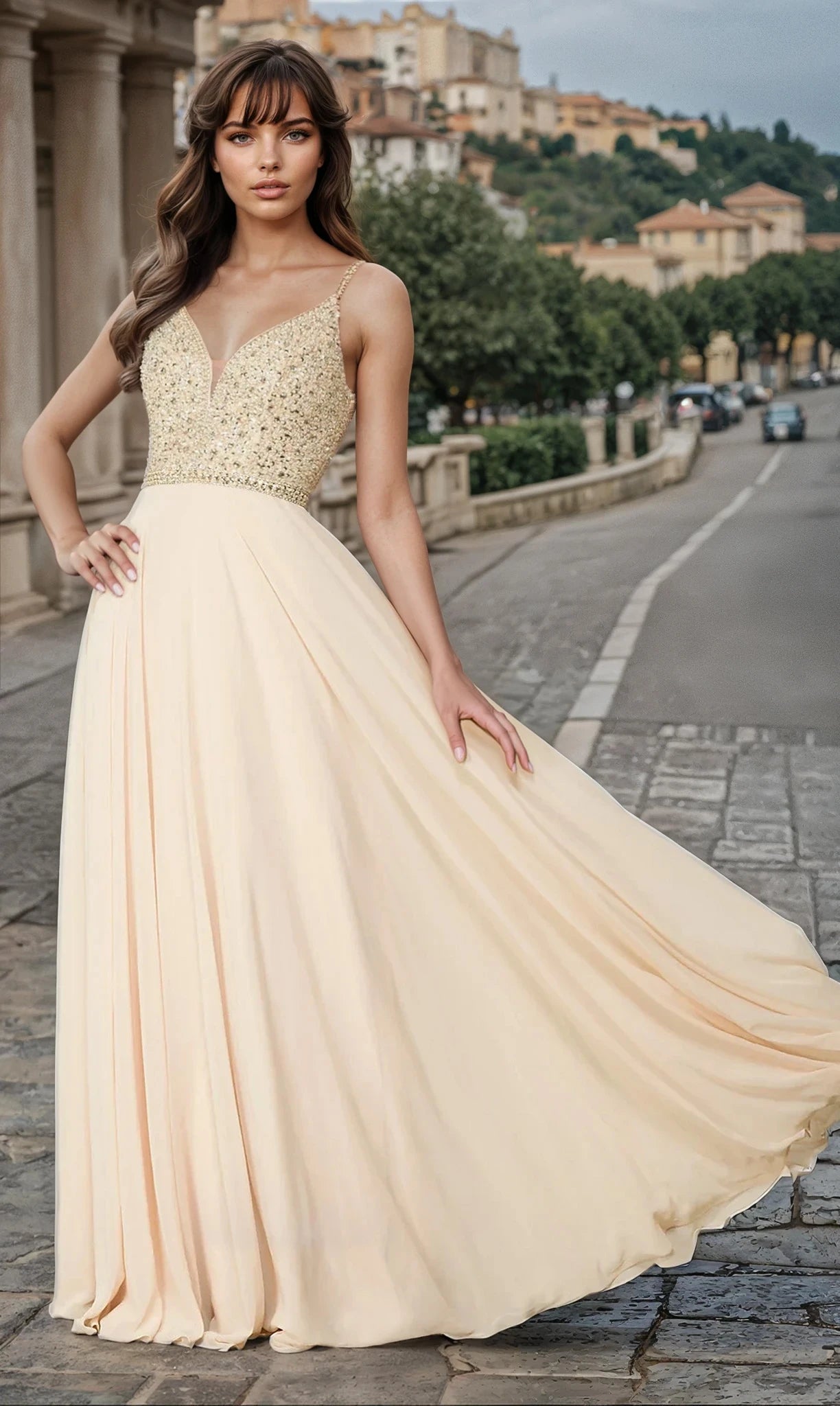 Champagne Rhinestone-Bodice Long Chiffon Formal Dress for Prom