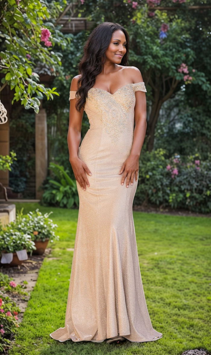 Gold Off-The-Shoulder Long Gold Prom Dress 4333