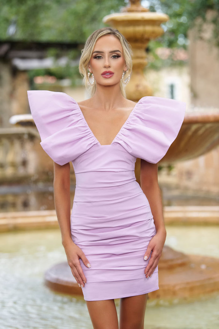 Lilac Statement-Shoulder Ruched Tess Mini Dress