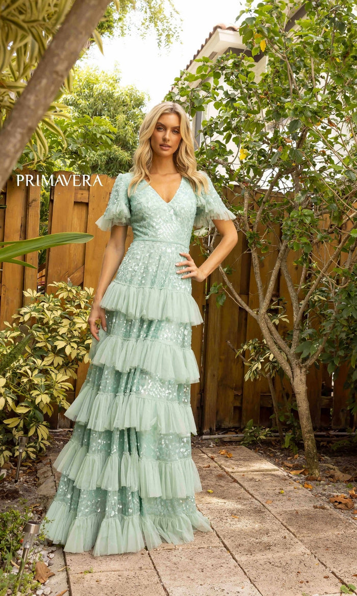 Mint Short Sleeve Long Tiered Evening Gown 12017