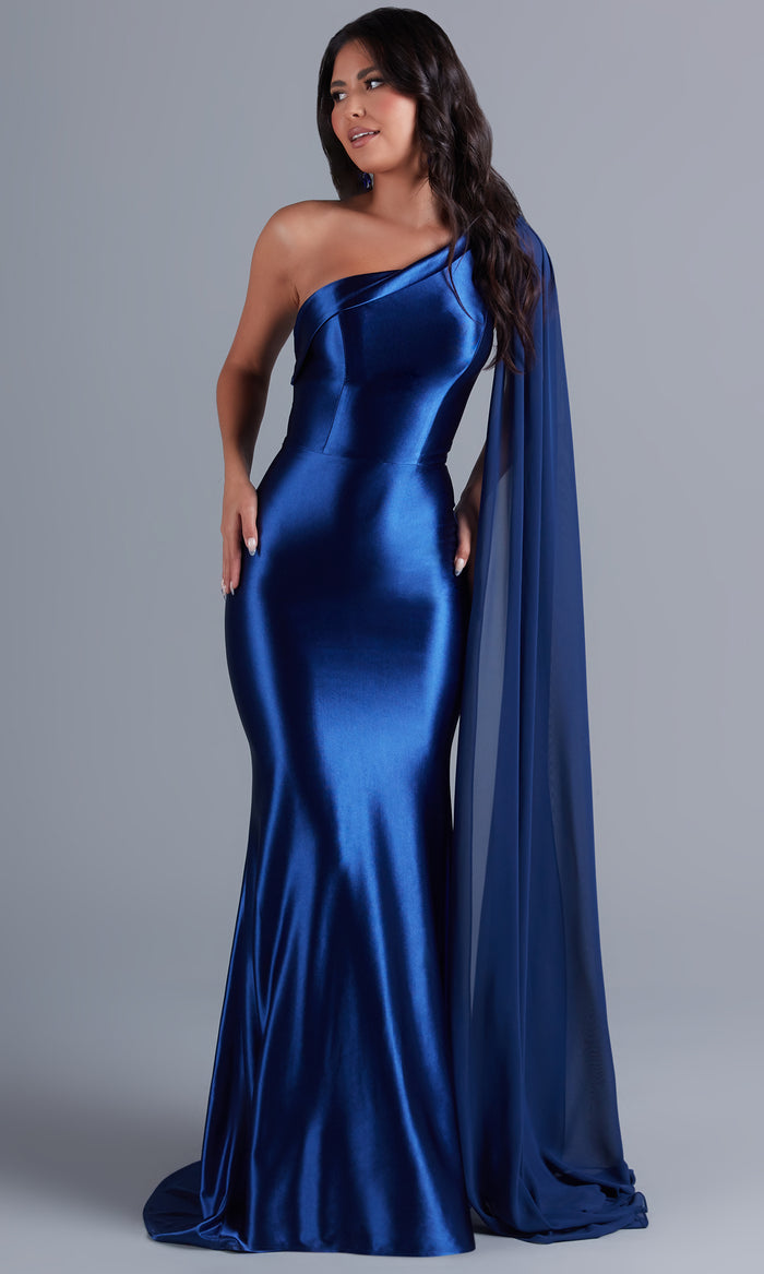 Navy One-Shoulder Long Formal Prom Dress with Cape