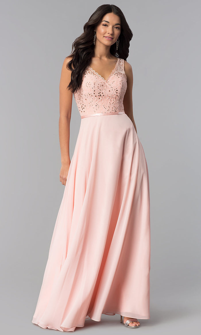 Blush Sleeveless Lace-Bodice V-Neck Long Formal Dress