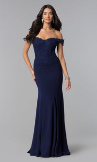 Navy Off-Shoulder Beaded Lace-Bodice Long Formal Dress