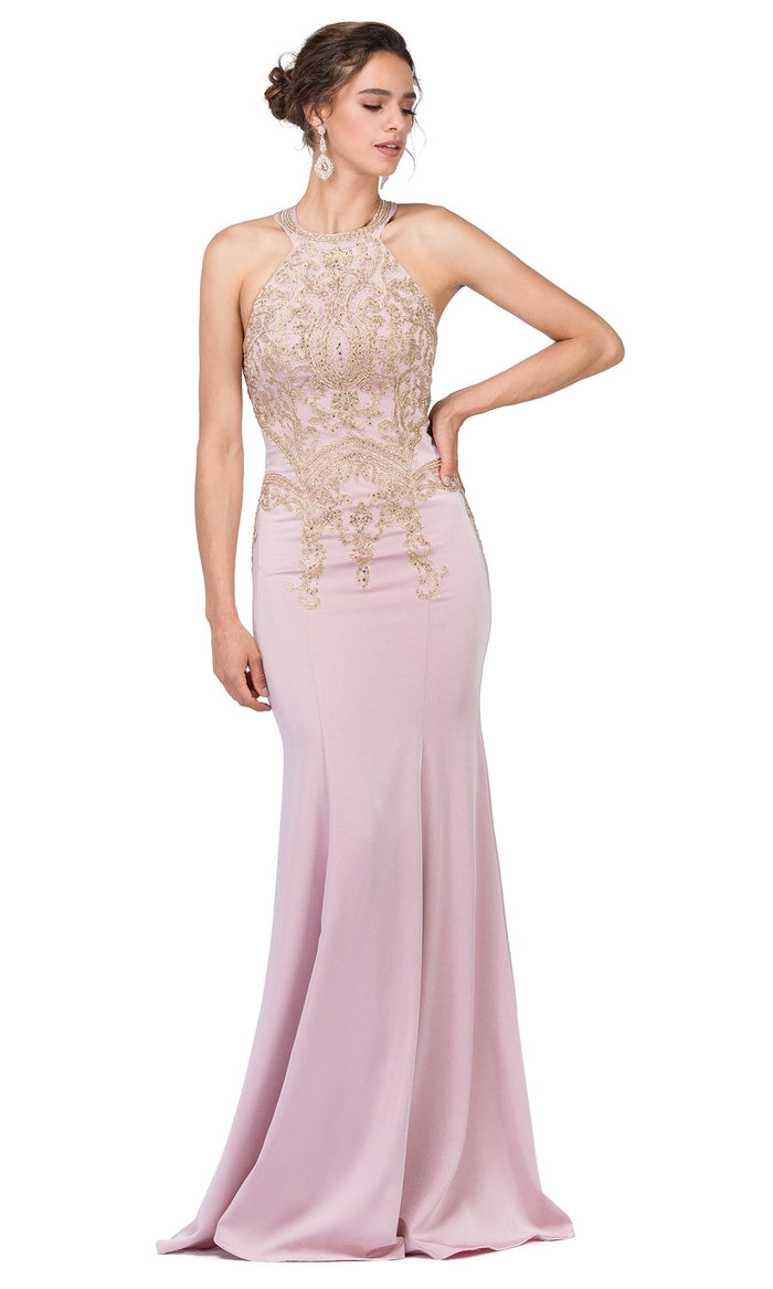 Dusty Pink High-Neck Long Formal Dresses with Gold Details