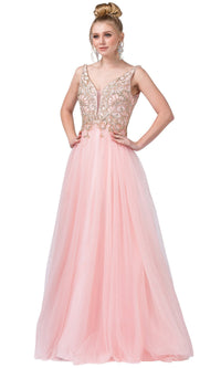 Blush V-Neck Formal Evening Ball Gown with Beaded Bodice