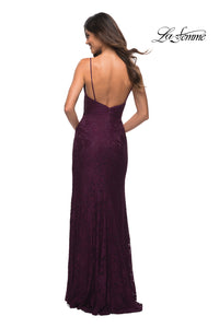 La Femme Beaded-Lace V-Neck Long Prom Dress