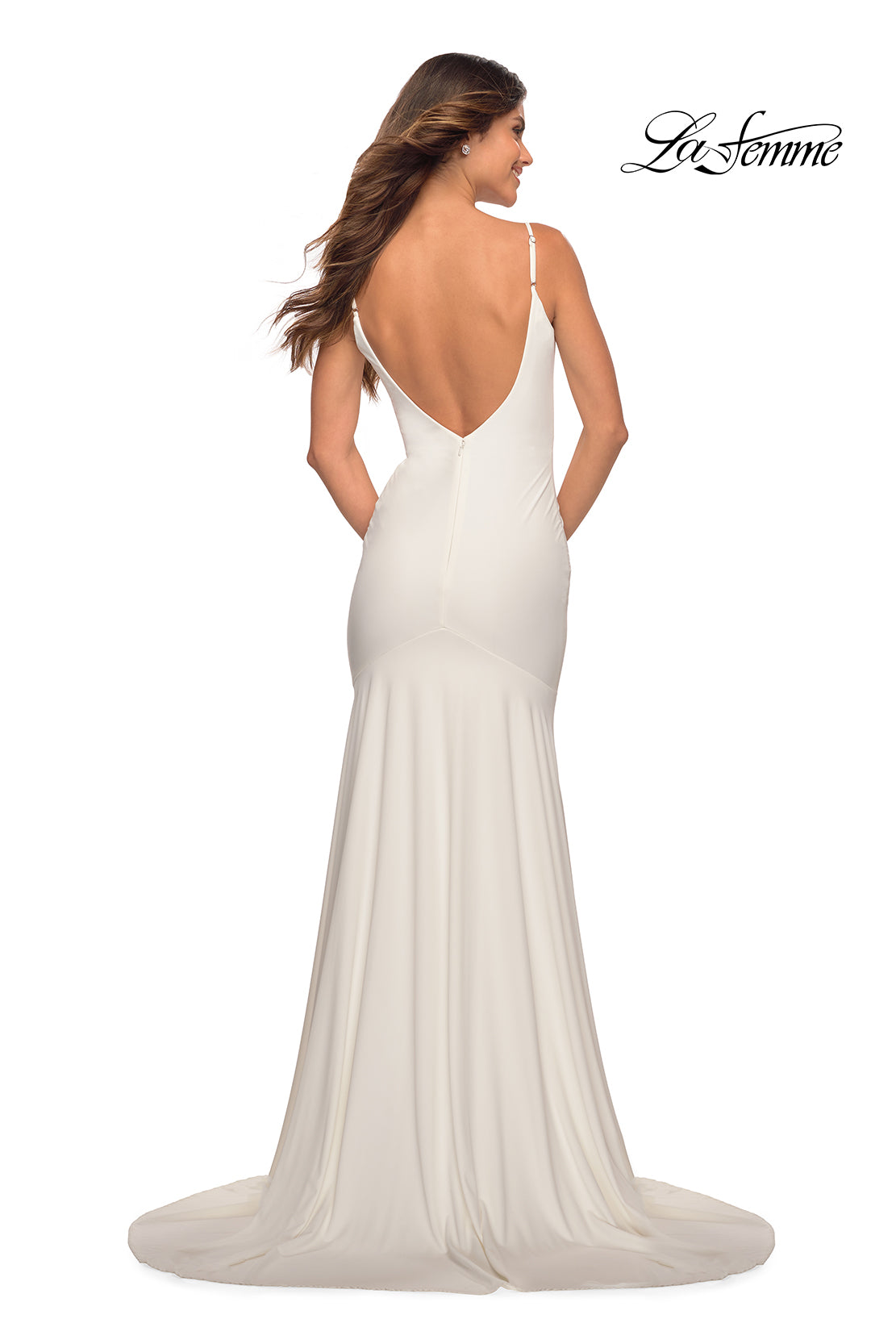 Low V-Back La Femme Long Prom Dress with Train