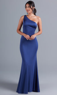 Sapphire Blue Long Shimmer One-Shoulder Prom Dress