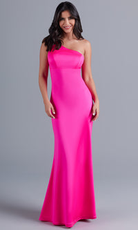 Neon Pink Long Shimmer One-Shoulder Prom Dress