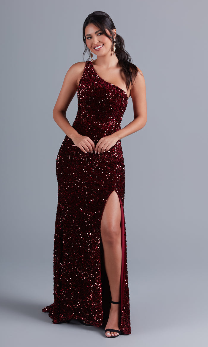 Deep Red One-Shoulder Long Velvet Prom Dress with Sequins