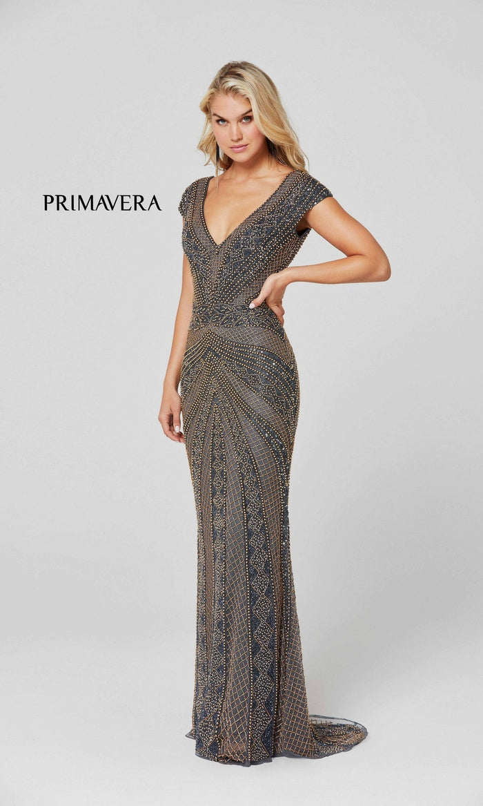 Charcoal Gold V-Neck Cap Sleeve Beaded Long Formal Gown 3674