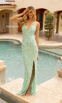 Mint Primavera Floral-Beaded Long Formal Dress 3731