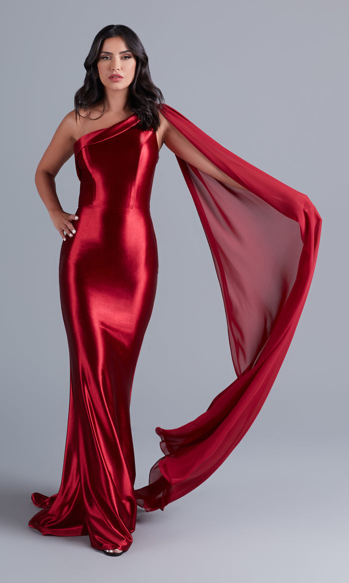 Red One-Shoulder Long Formal Prom Dress with Cape