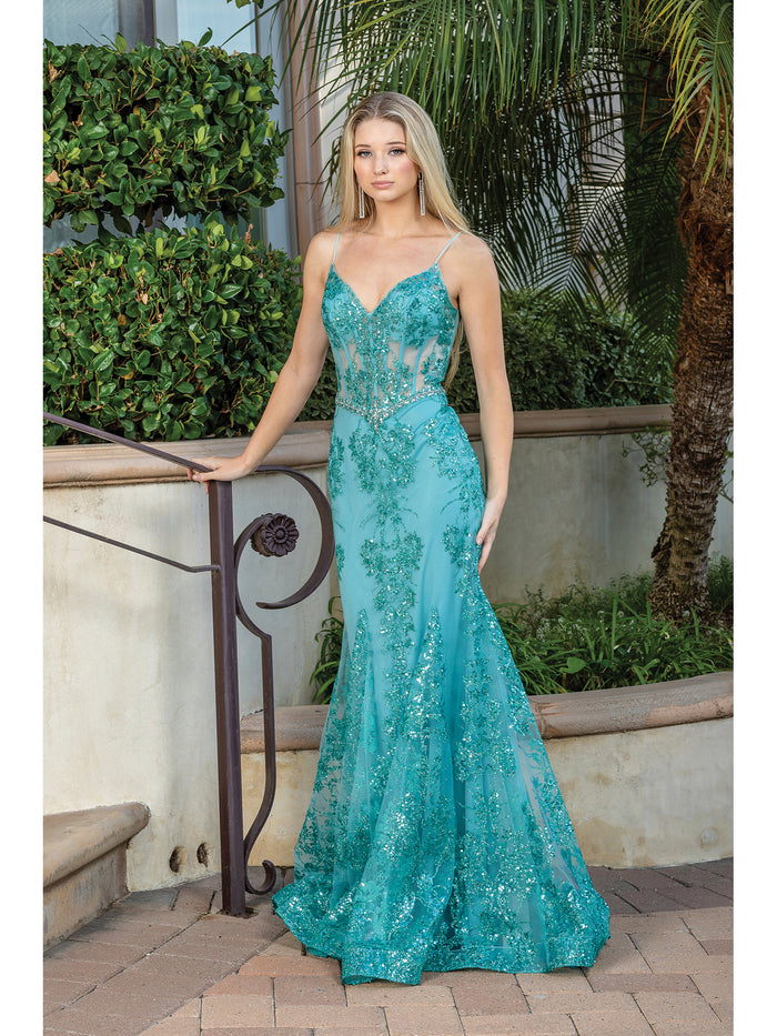 Aqua Corset-Bodice Long Sparkly Beaded Formal Dress