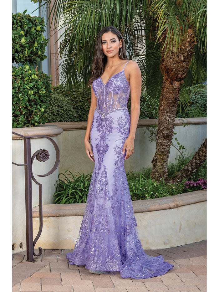 Lilac Corset-Bodice Long Sparkly Beaded Formal Dress