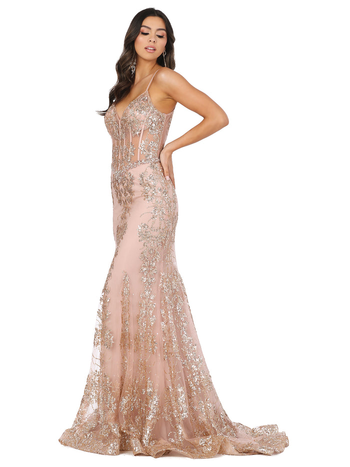 Rose Gold Corset-Bodice Long Sparkly Beaded Formal Dress