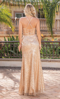  Adjustable-Back Long Faux-Wrap Sequin Prom Dress