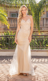 Champagne Corset-Back Embellished Long Prom Dress 4308