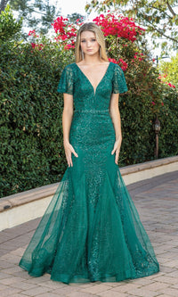 Hunter Green Long Glitter Formal Dress with Flutter Sleeves