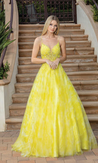 Yellow Sheer-Bodice Tie-Dye Long Prom Ball Gown 4320