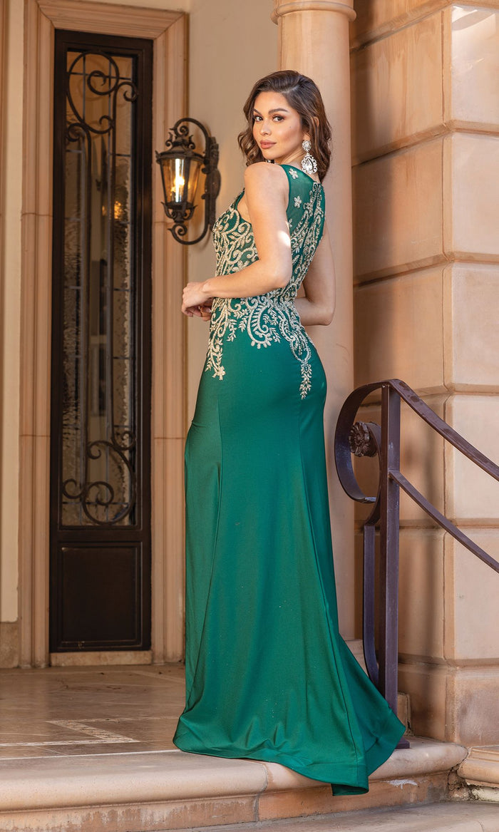  Long Prom Dress with Contrasting Embroidery