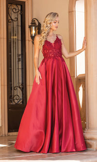 Burgundy Sheer Lace-Bodice Long A-Line Prom Dress 4326