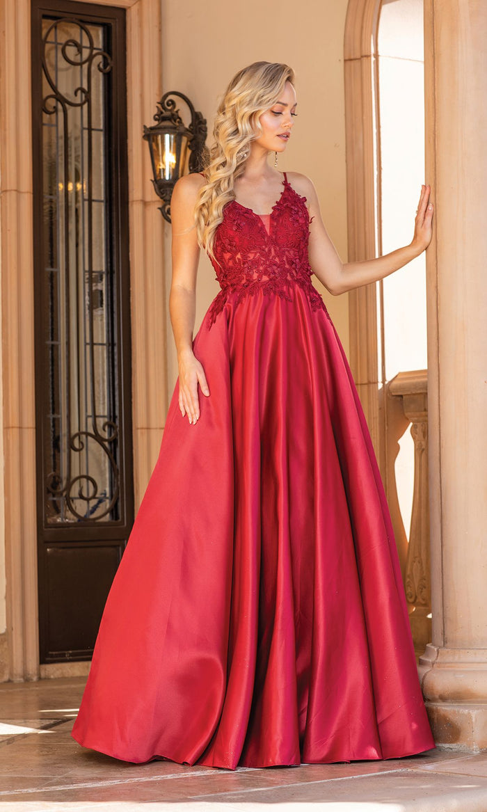 Burgundy Sheer Lace-Bodice Long A-Line Prom Dress 4326