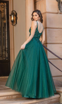 Sheer Corset-Bodice Long Glitter Ball Gown 4328