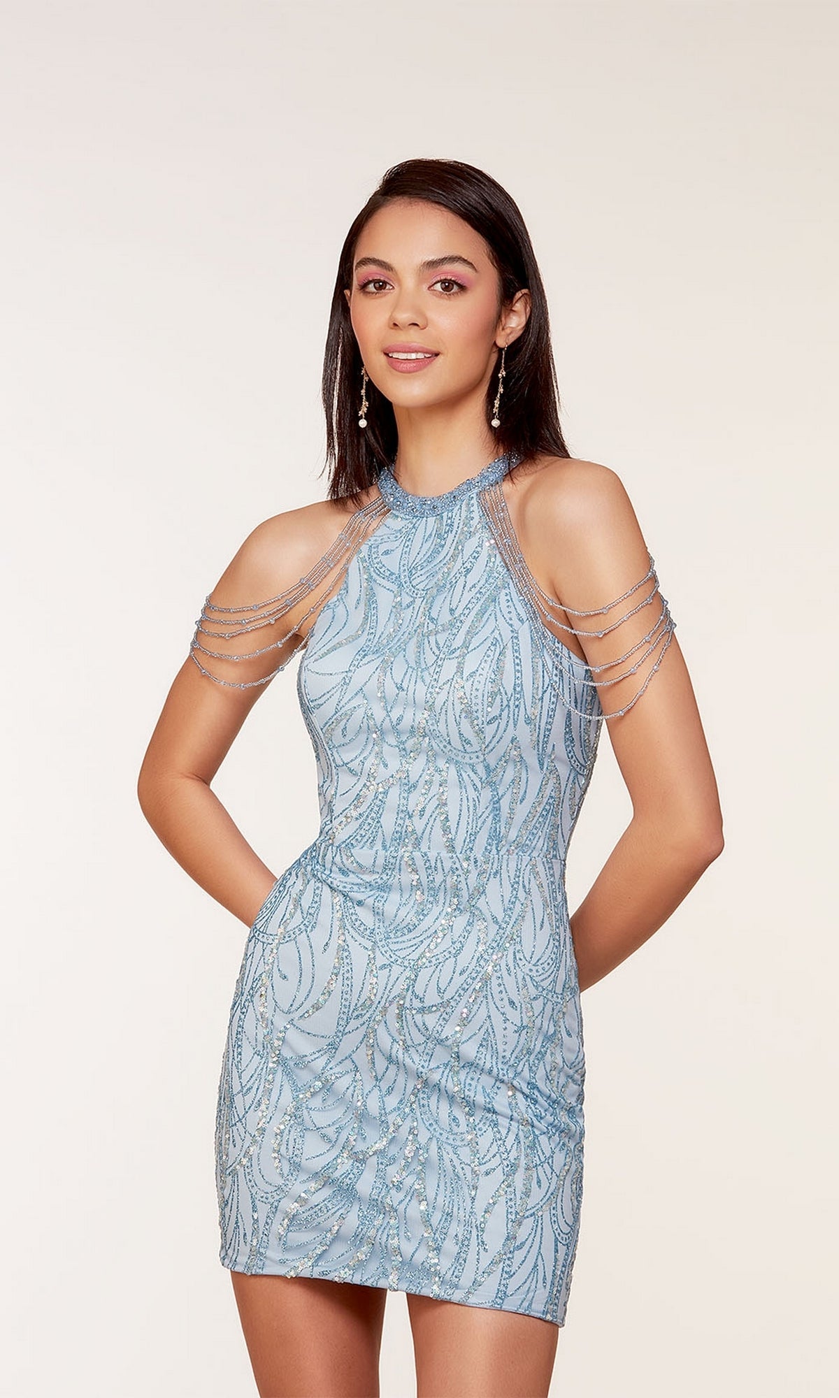 Glacier Blue Beaded Glitter-Tulle Short Homecoming Dress 4682