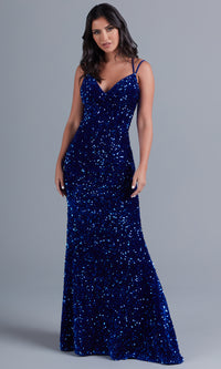 Sequin-Velvet Open-Back Long Formal Dress