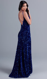 Sequin-Velvet Open-Back Long Formal Dress