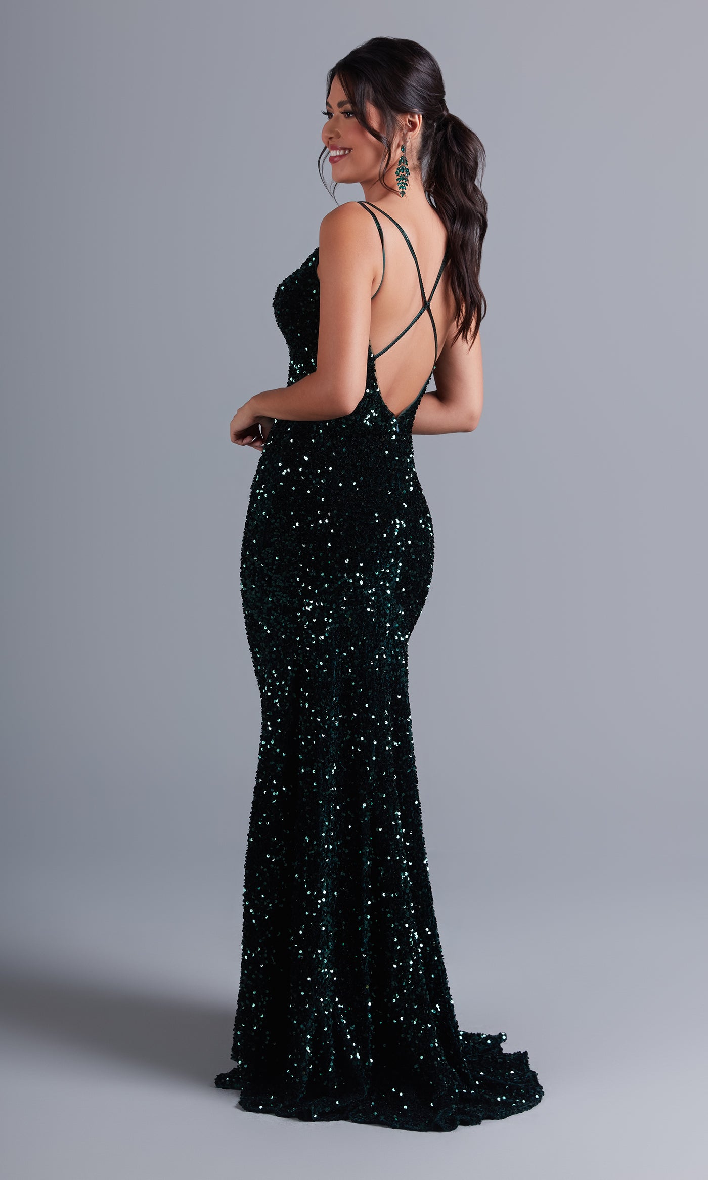 Sequin-Velvet Open-Back Long Formal Dress