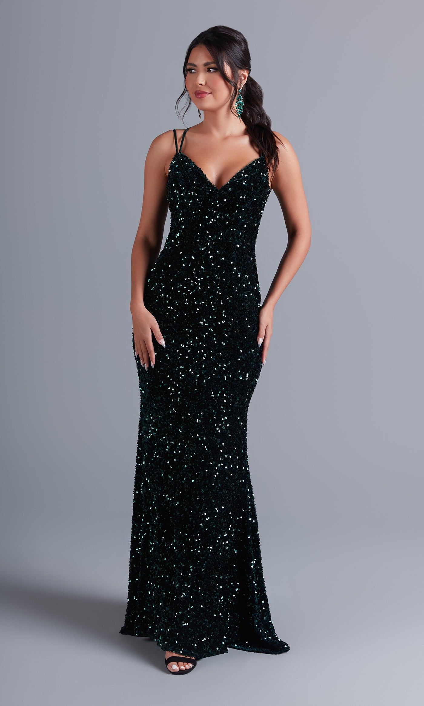 Emerald Green Sequin-Velvet Open-Back Long Formal Dress