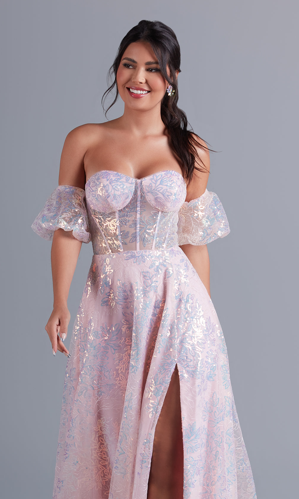 Puff-Sleeve Blush Pink Long Sequin Formal Dress