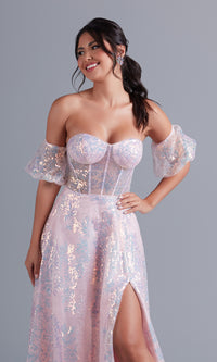 Puff-Sleeve Blush Pink Long Sequin Formal Dress