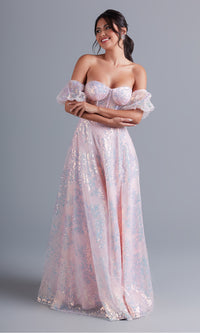 Puff-Sleeve Blush Pink Long Sequin Formal Dress