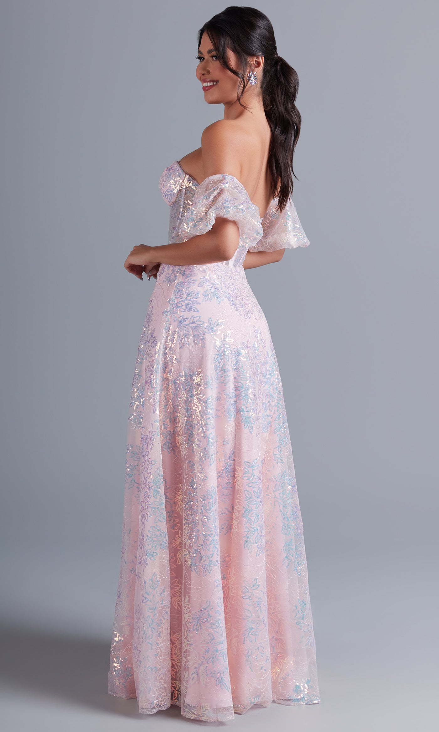  Puff-Sleeve Blush Pink Long Sequin Formal Dress