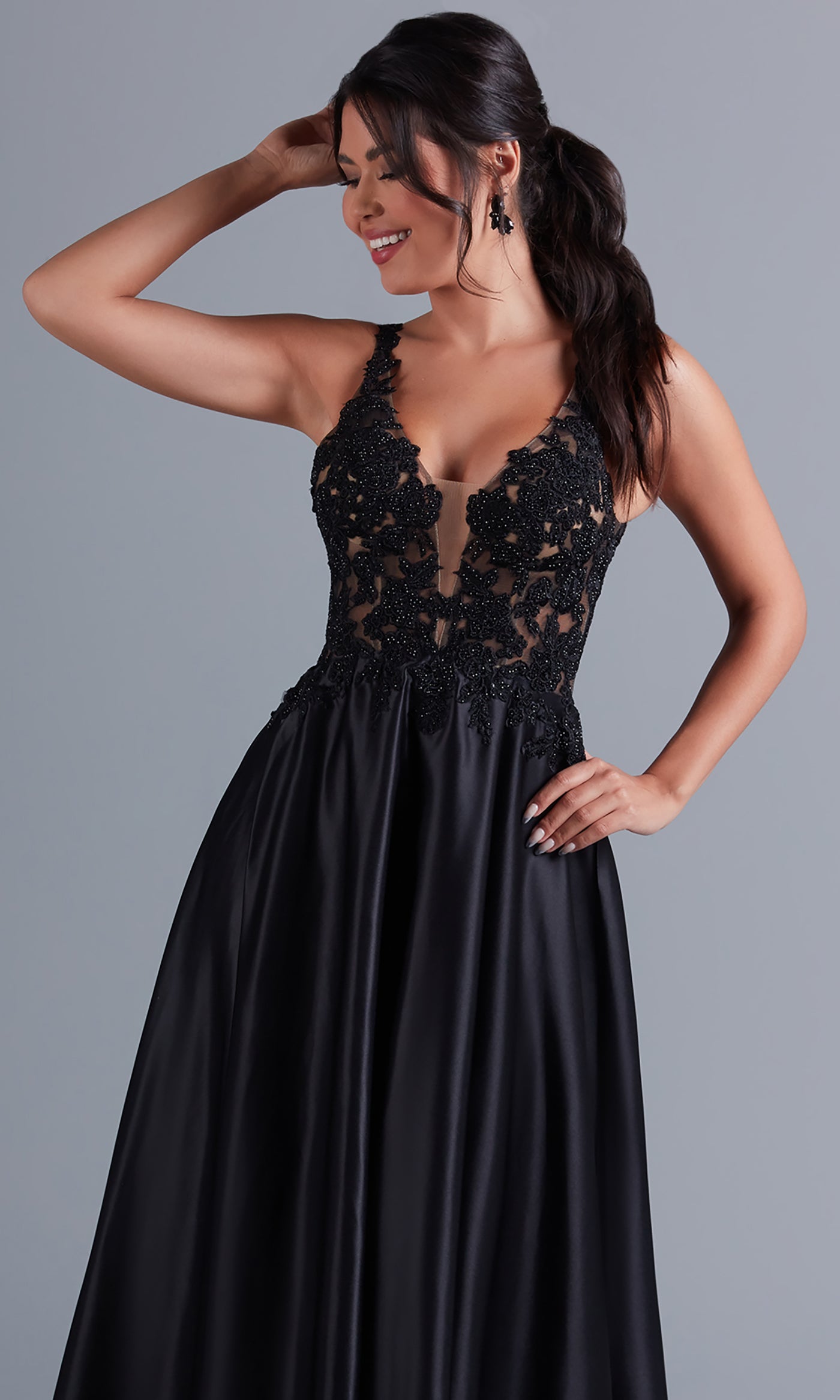  Long Black Formal Dress with Sheer Lace Bodice