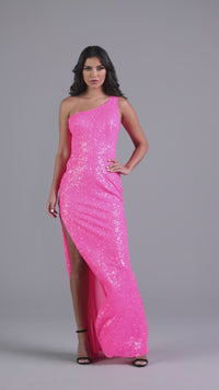 Hot Pink One-Shoulder Long Sequin Prom Dress