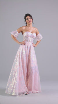Puff-Sleeve Blush Pink Long Sequin Formal Dress