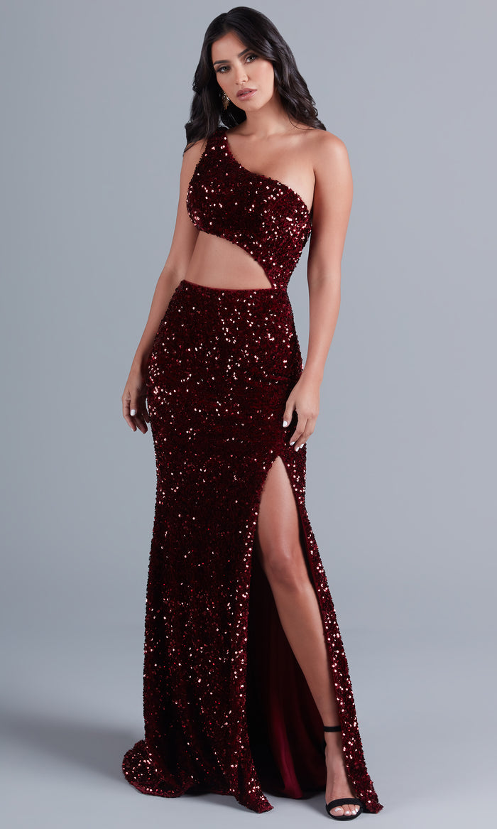 Deep Red Dark Red Sequin Prom Dress with Side Cut-Out