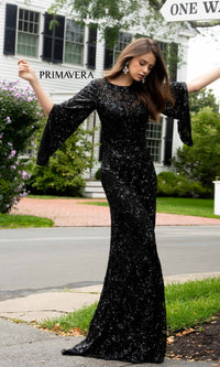 Sheer-Back Beaded Formal Dress with Sleeves 9713