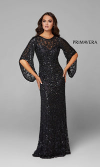 Sheer-Back Beaded Formal Dress with Sleeves 9713