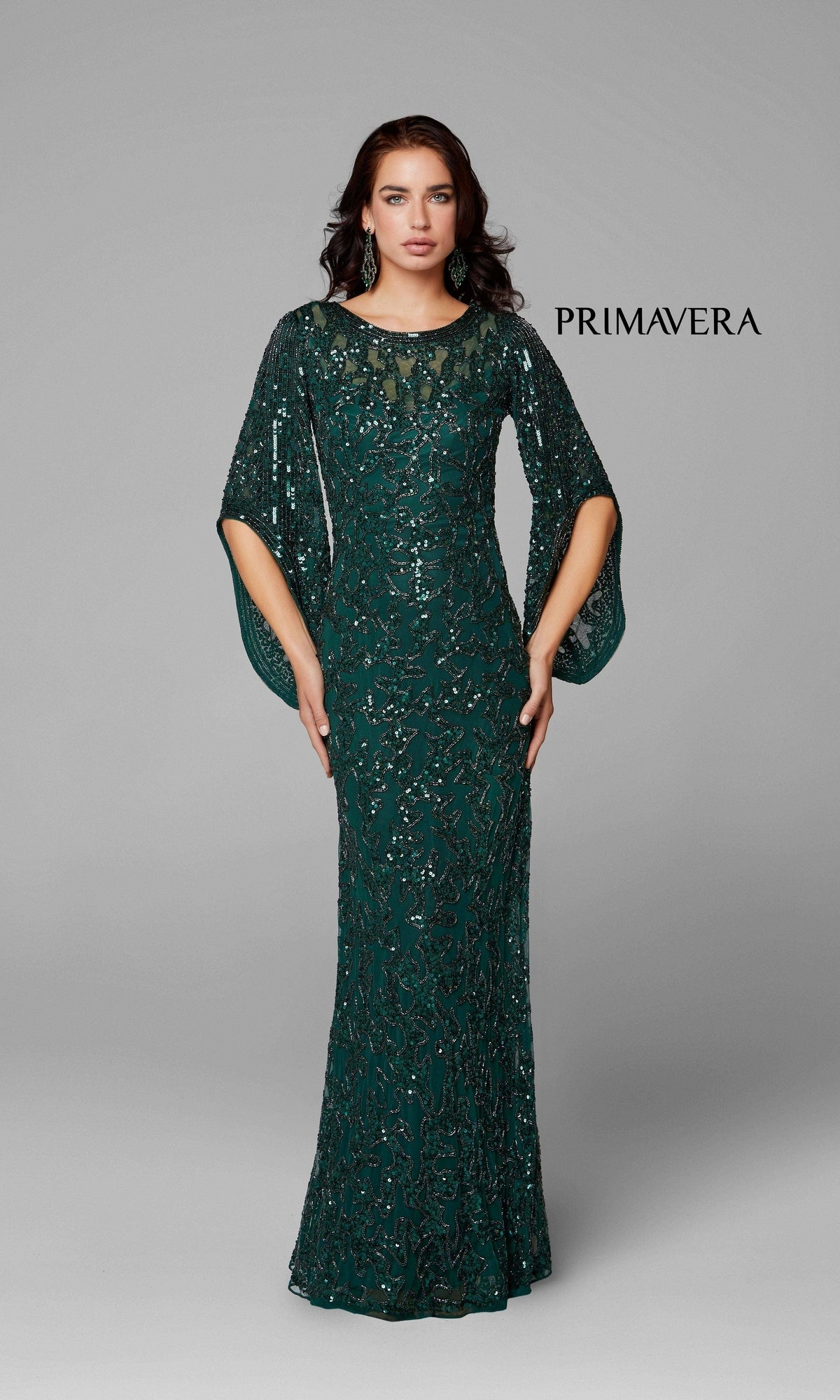 Sheer-Back Beaded Formal Dress with Sleeves 9713